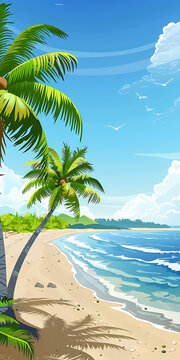 熱帶海灘風(fēng)景，棕櫚樹和大海