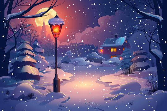 冬夜雪景中的路燈