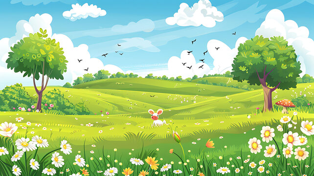 卡通春天風(fēng)景 花草和白色兔子