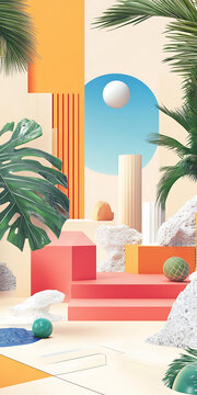 抽象幾何形狀和棕櫚樹的3D極簡夏季場景