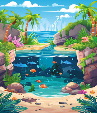 熱帶海灘場景與水下生物