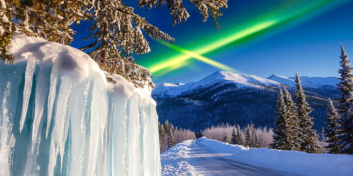 冰凍瀑布與極光下的雪山