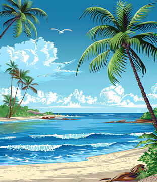 熱帶海灘棕櫚樹藍水風景