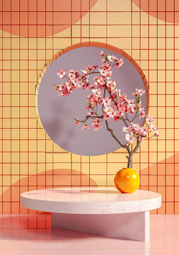 粉色和黃色極簡產(chǎn)品展示臺配櫻花