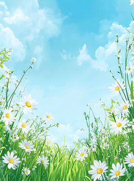 夏日田野雛菊花草天空背景