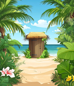 熱帶海灘小屋棕櫚樹