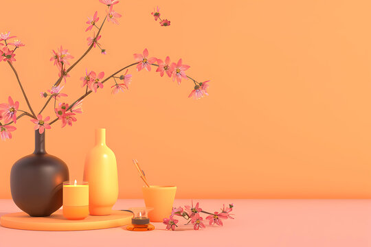 橙色背景下花瓶里的粉紅色花朵和托盤(pán)上的蠟燭