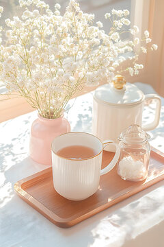 一杯茶，一束白花，溫暖的早晨