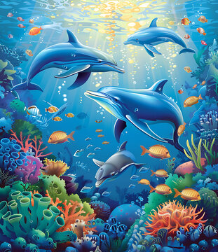 海底世界珊瑚礁與海豚