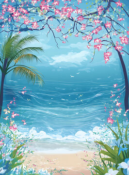 海邊棕櫚樹和花朵的風(fēng)景畫