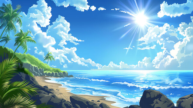 熱帶海灘風景 藍天白云陽光明媚