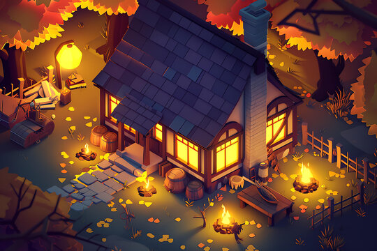 秋夜溫馨小屋，暖光與篝火