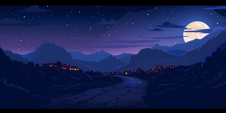 月夜星空下的山村景色