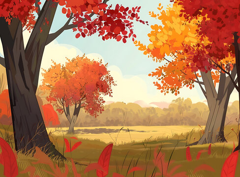 秋天紅橙樹木景觀