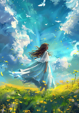少女在充滿黃花的田野中