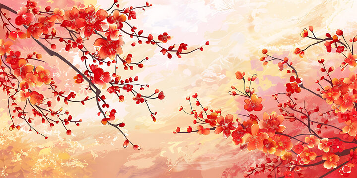 粉紅色背景上的紅色櫻花樹枝