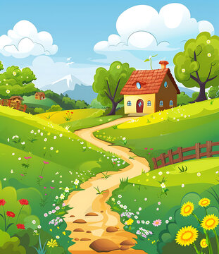 卡通田園小屋風景畫