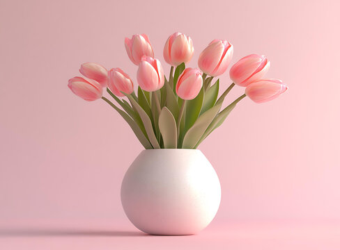 粉色郁金香花束，白色花瓶
