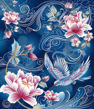 藍(lán)色背景上的花卉和鳥類圖案