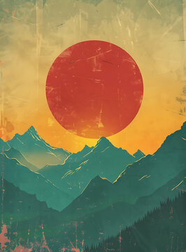 復(fù)古風(fēng)格的山脈與太陽