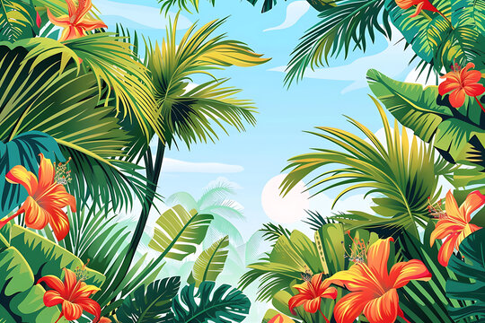 熱帶夏季葉子和花卉背景