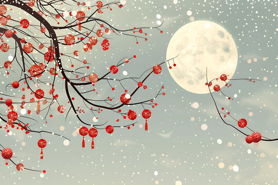 雪夜紅燈籠與滿月
