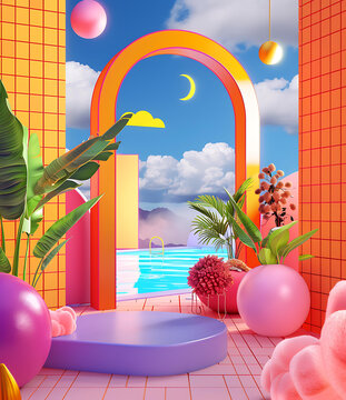 夢(mèng)幻般的熱帶泳池3D，以柔和的色彩為基調(diào)
