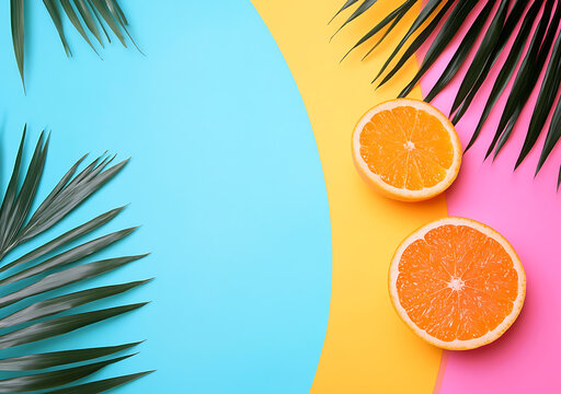 夏季熱帶水果背景-橙子切片和棕櫚葉