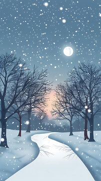 冬夜雪景月光下的森林小路