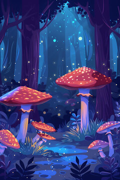 夢幻森林夜晚場景，蘑菇和螢火蟲