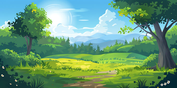 綠色森林景觀，藍天白云和山脈