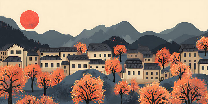 秋日山村風(fēng)景畫