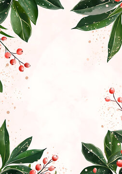 水彩綠色葉子紅色漿果花卉邊框