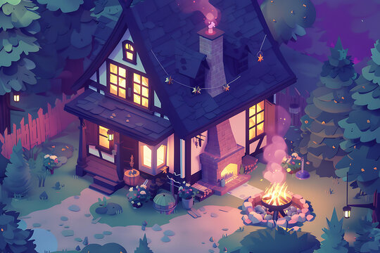 夜晚森林里的溫馨小屋