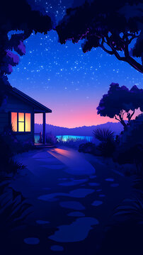 夜晚湖邊小屋的星空