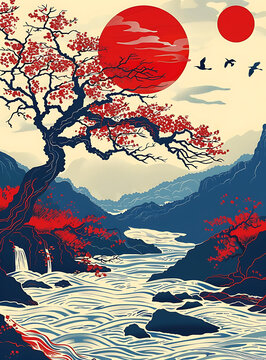 日式風格的櫻花和紅太陽風景畫
