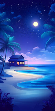 月光下的熱帶海灘小屋