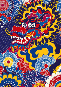 抽象彩色龍紋花卉背景圖案