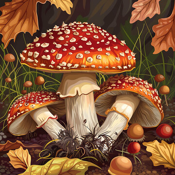 秋季森林中的三朵紅蘑菇