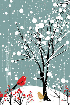 冬日雪景樹木鳥類