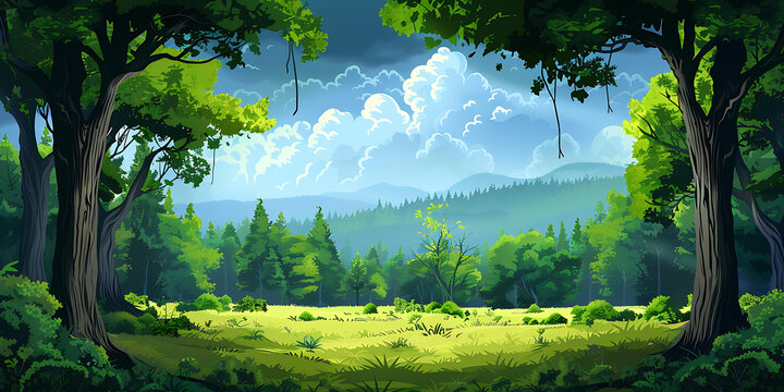 綠色森林風(fēng)景，山脈和多云的天空