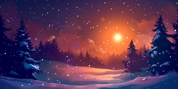 冬日雪景中的夕陽