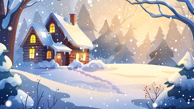 冬日雪景小屋森林