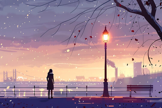 街燈下的孤獨女子，凝望夕陽