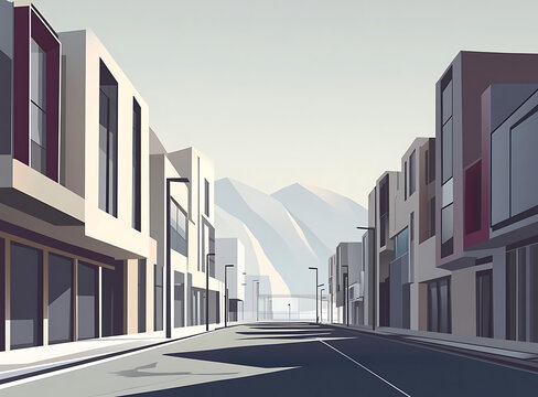 現(xiàn)代城市街道與山脈背景