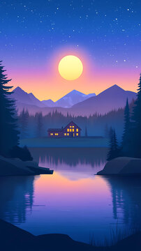 山間小屋 月光下的湖泊