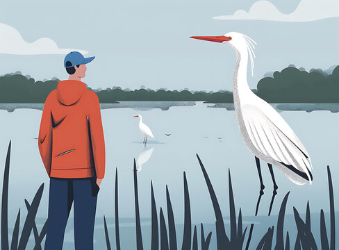 身穿紅色連帽衫的男人在湖邊看鳥(niǎo)