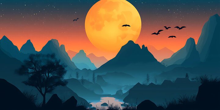 夜晚星空下山巒剪影與圓月