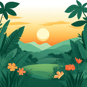 夕陽下郁郁蔥蔥的綠色山脈和棕櫚樹的景觀