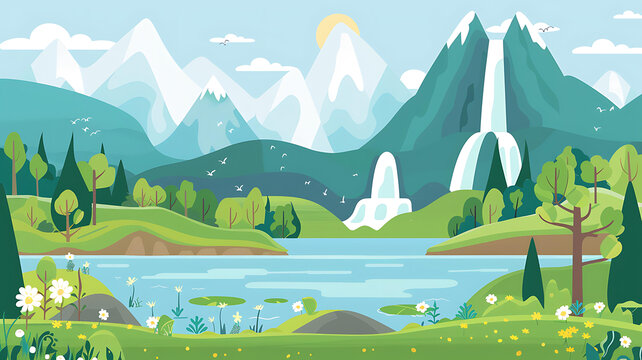 山間瀑布和湖泊的風景
